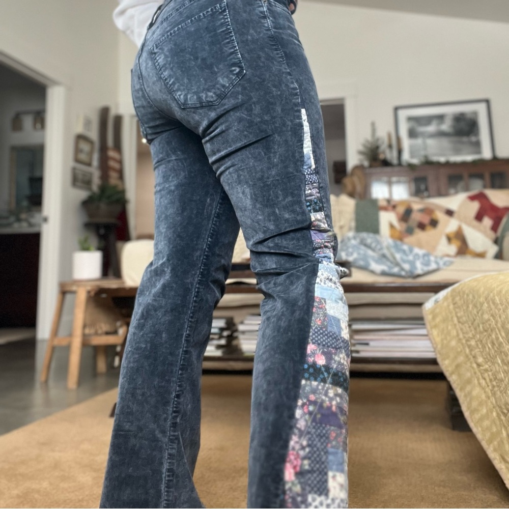 Lucky Brand Crushed Velvet Blue Denim Jeans, Up-cycled Patchwork, Quilted Insert